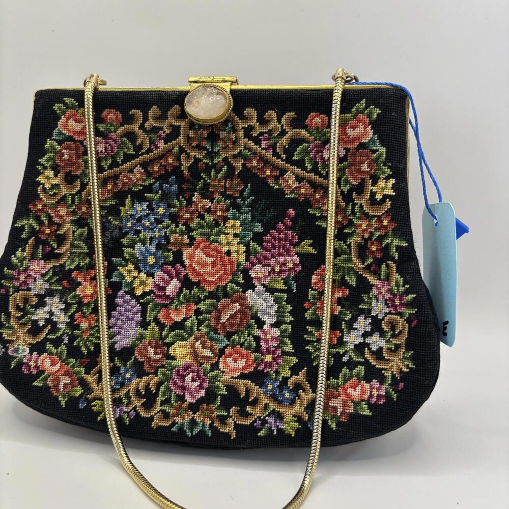 Vintage Floral Tapestry Handbag with Rose Quartz Closure
